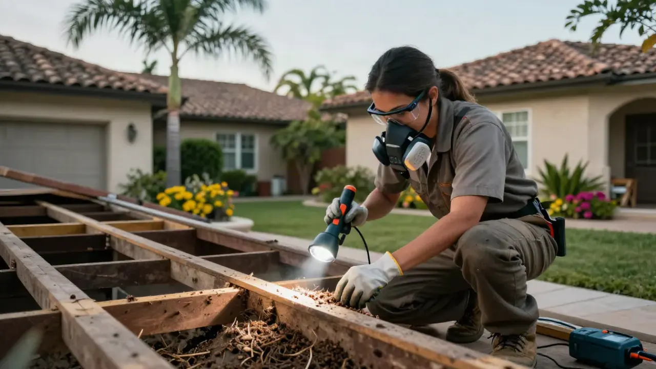 Termite Inspection in Pembroke Pines: termite technician in an attic space carefully inspecting exposed roof trusses with a