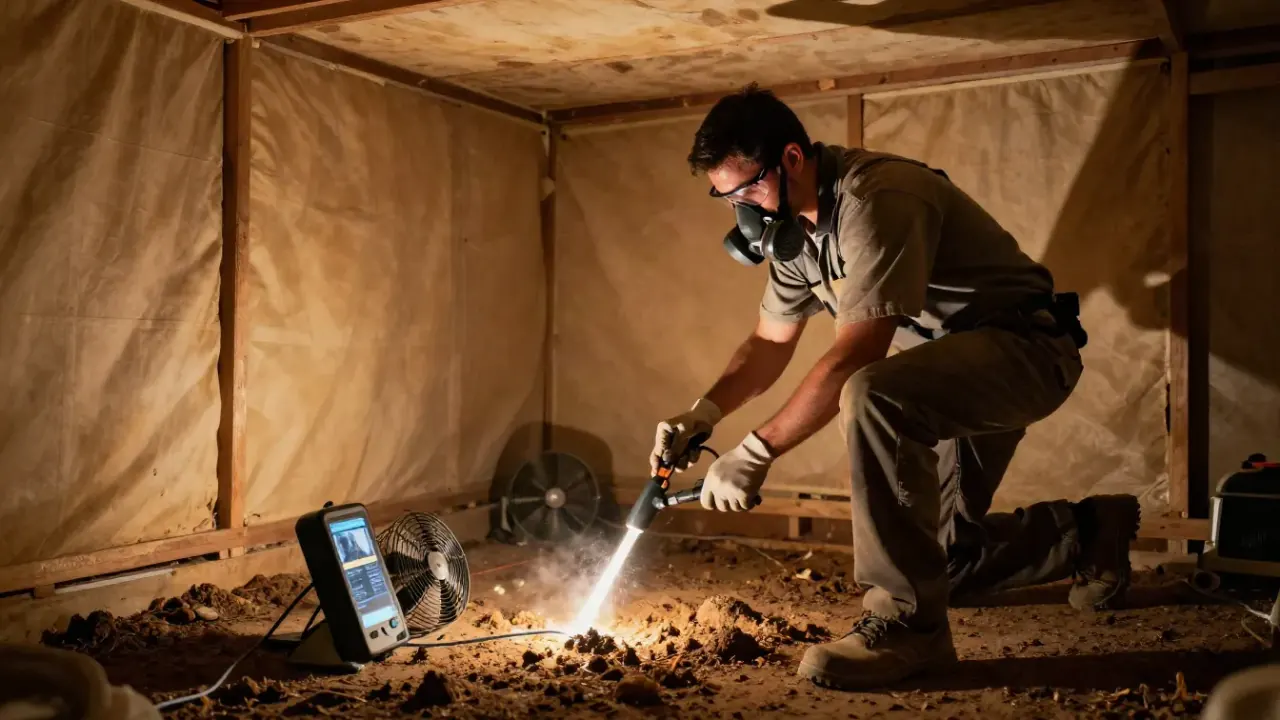 Tent Fumigation in Pembroke Pines: termite technician setting up monitoring lines and fans inside a partially tented house