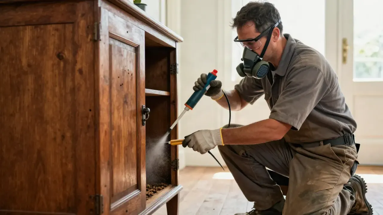 Drywood Termite Control in Pembroke Pines: termite technician applying a dust insecticide into tiny boreholes in an antique