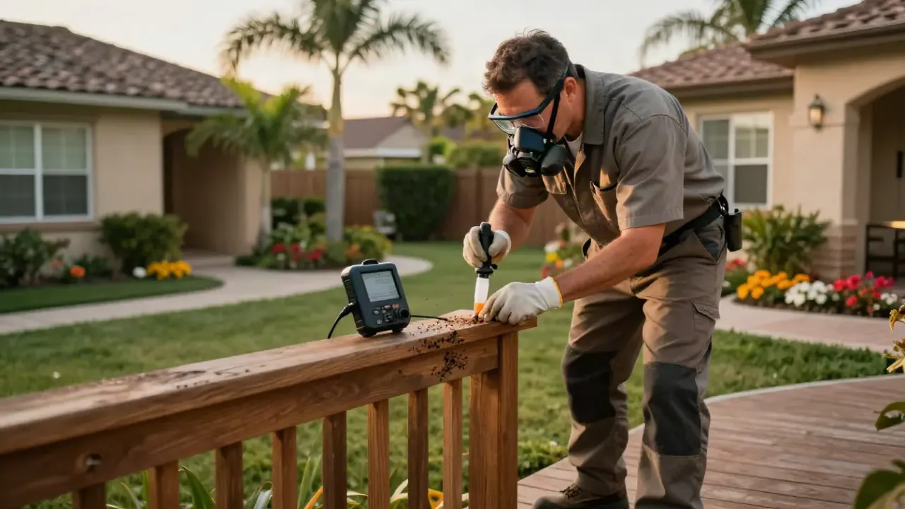 Termite Control in Pembroke Pines: termite technician carefully inspecting a wooden deck railing for termite activity with a