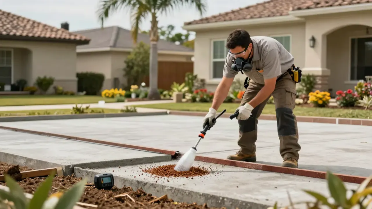 Pre-Construction Termite Control in Pembroke Pines: termite technician applying a granular termiticide barrier around the