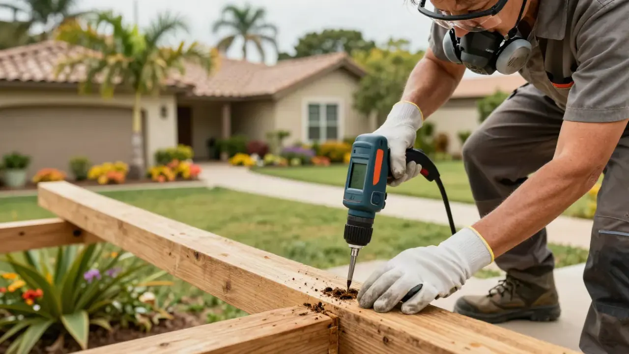 Termite Control in Pembroke Pines: Close-up of a termite technician's gloved hand holding a small, specialized drill, about