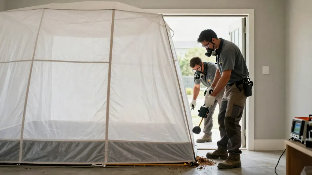 Termite Control in Pembroke Pines: team of two termite technicians meticulously sealing the edges of a large fumigation tent