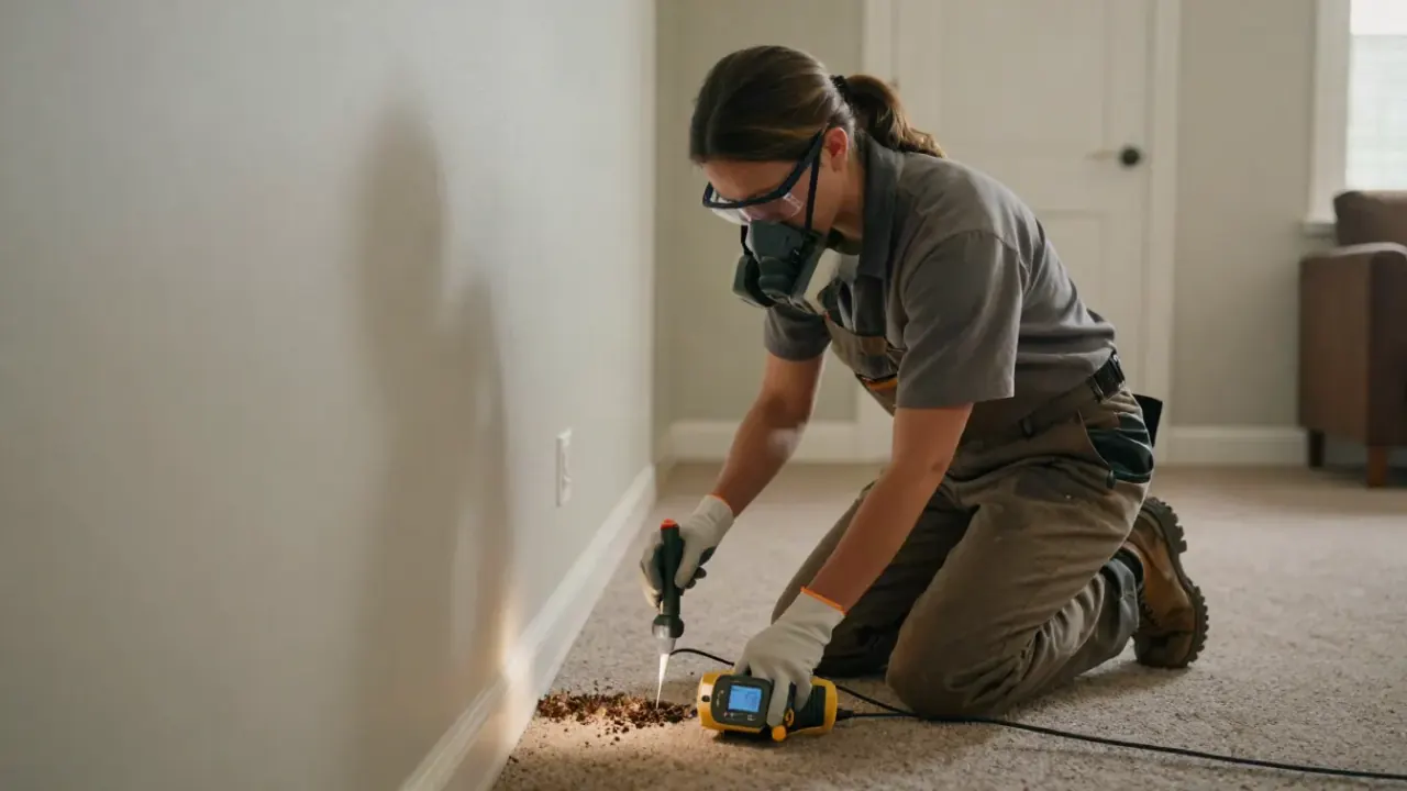 Termite Control in Pembroke Pines: termite technician kneeling, using an acoustic termite detector against a wall in a