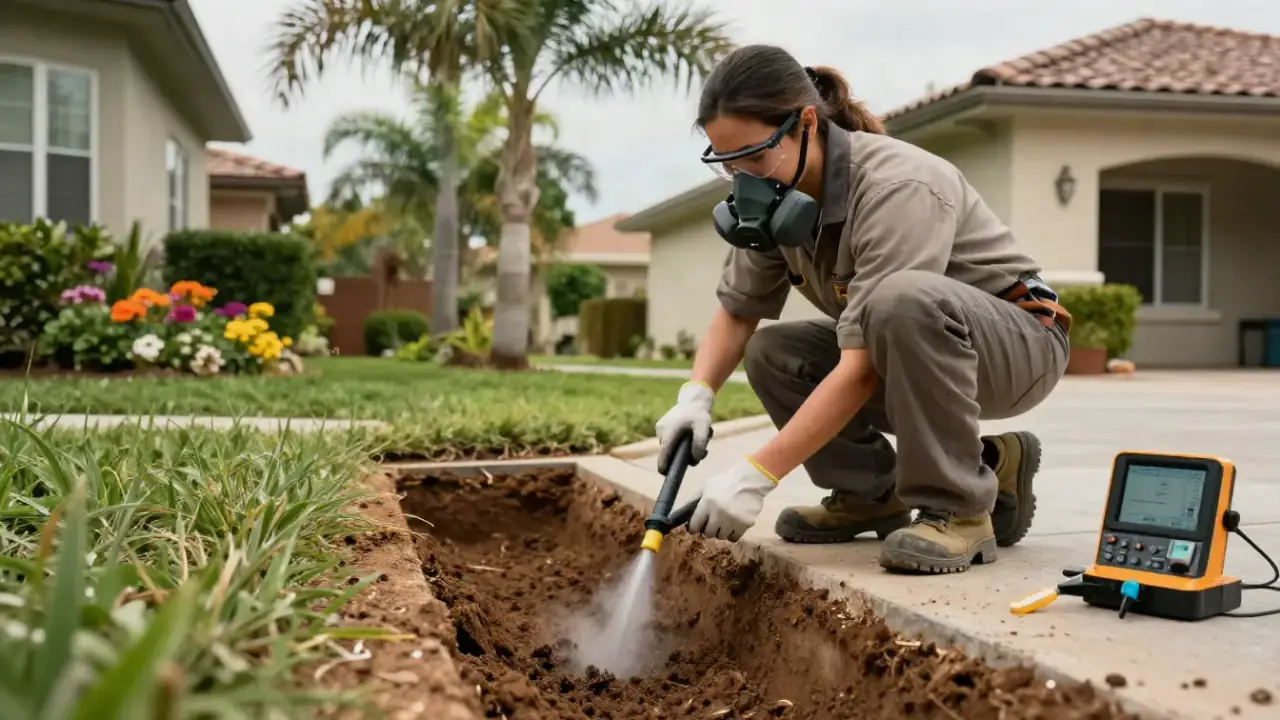 Termite Treatment in Pembroke Pines: termite technician digging a narrow trench around the perimeter of a house, preparing